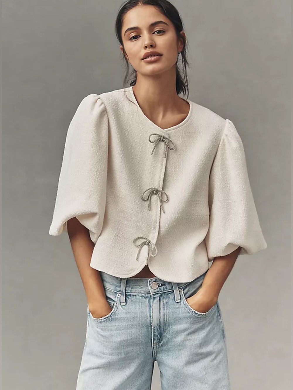 Dolan Left Coast Puff-Sleeve Bow embellished ivory Blazer Anthropologie NWOT Med